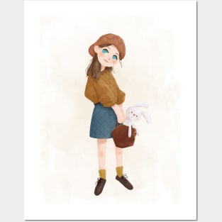 Girl with rabbit in bag Posters and Art